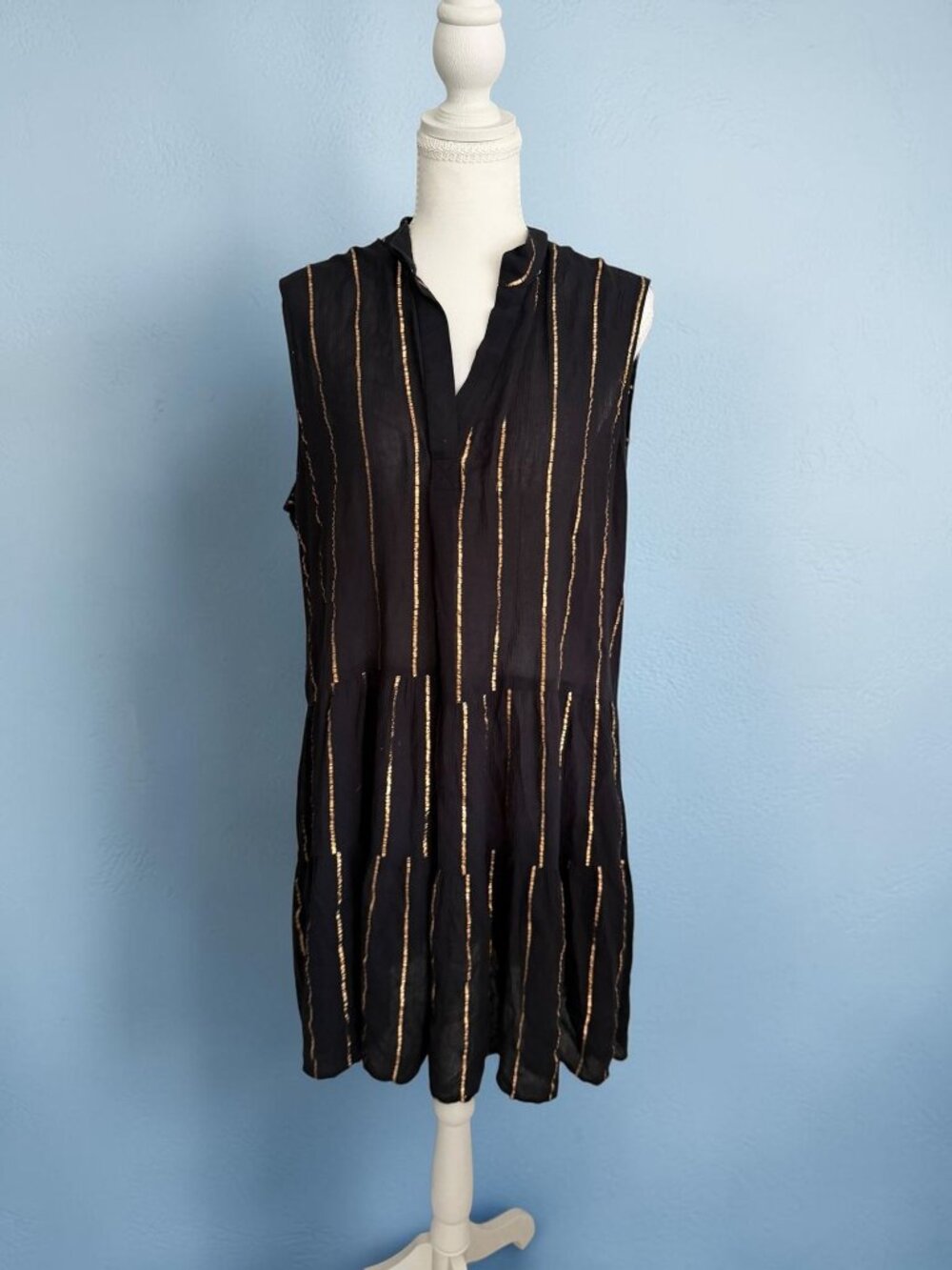SALTY LEMON Black Gold Striped Swing Dress Size Large